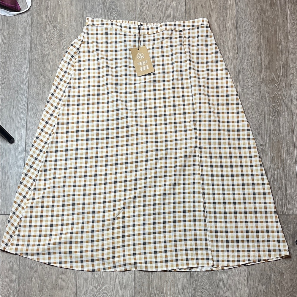 Vero Moda Cream and Brown Checkered A-Line Skirt size XL nwt